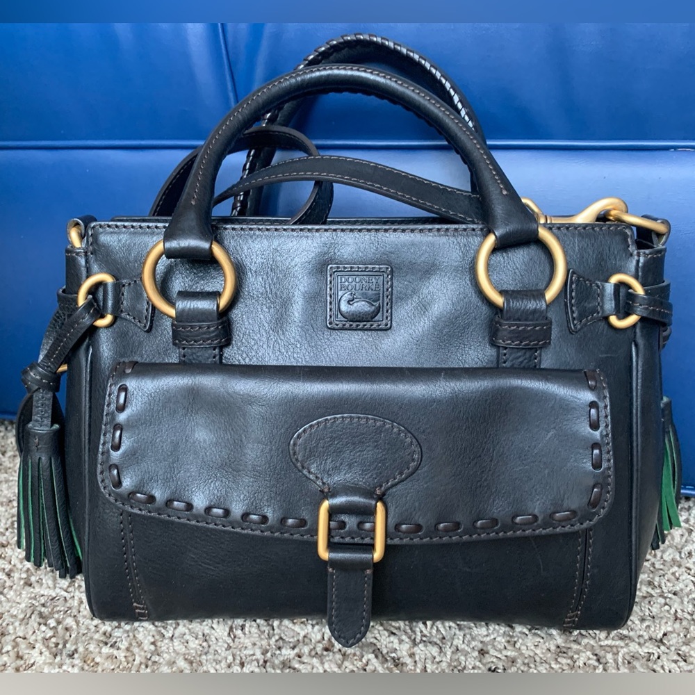 Dooney & Bourke Florentine Medium Pocket Satchel in Black Leather Red Interior